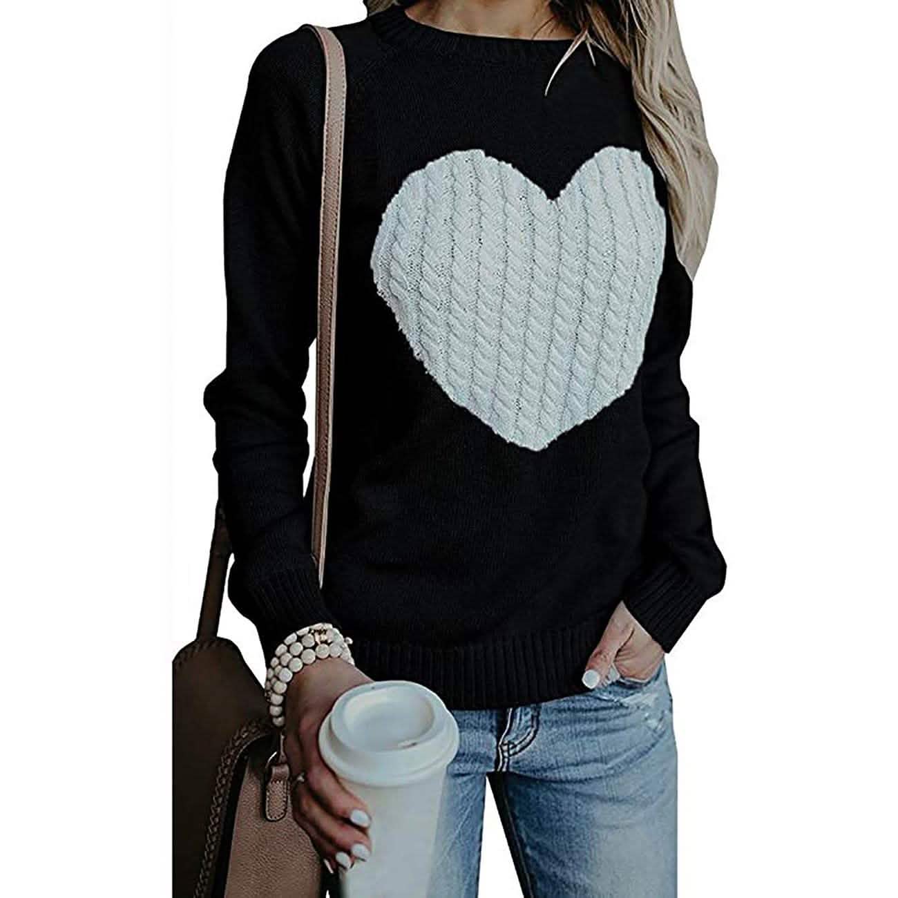 Women's Long Sleeve Crewneck Cute Heart Knitted Sweaters DailySale