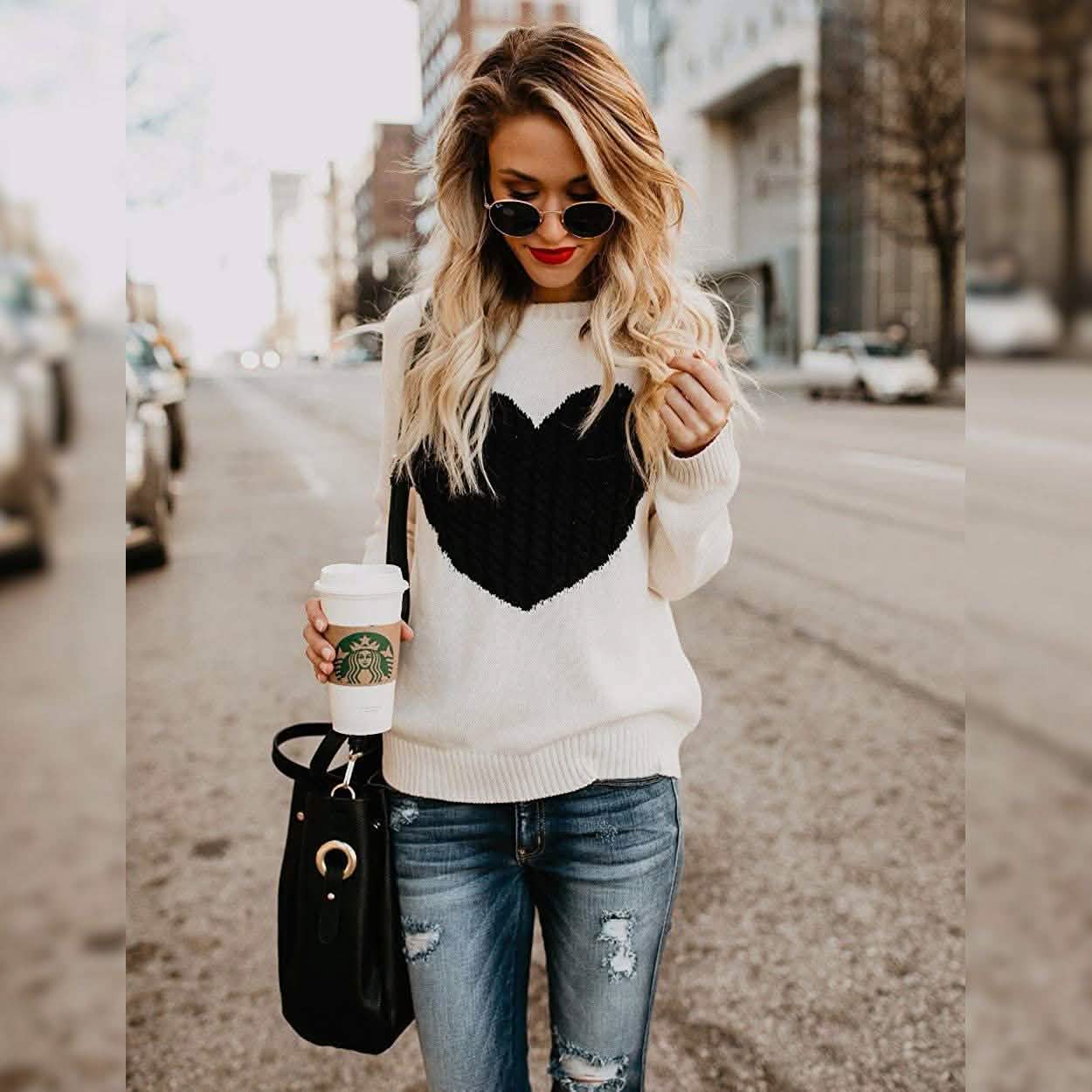 Women's Long Sleeve Crewneck Cute Heart Knitted Sweaters DailySale