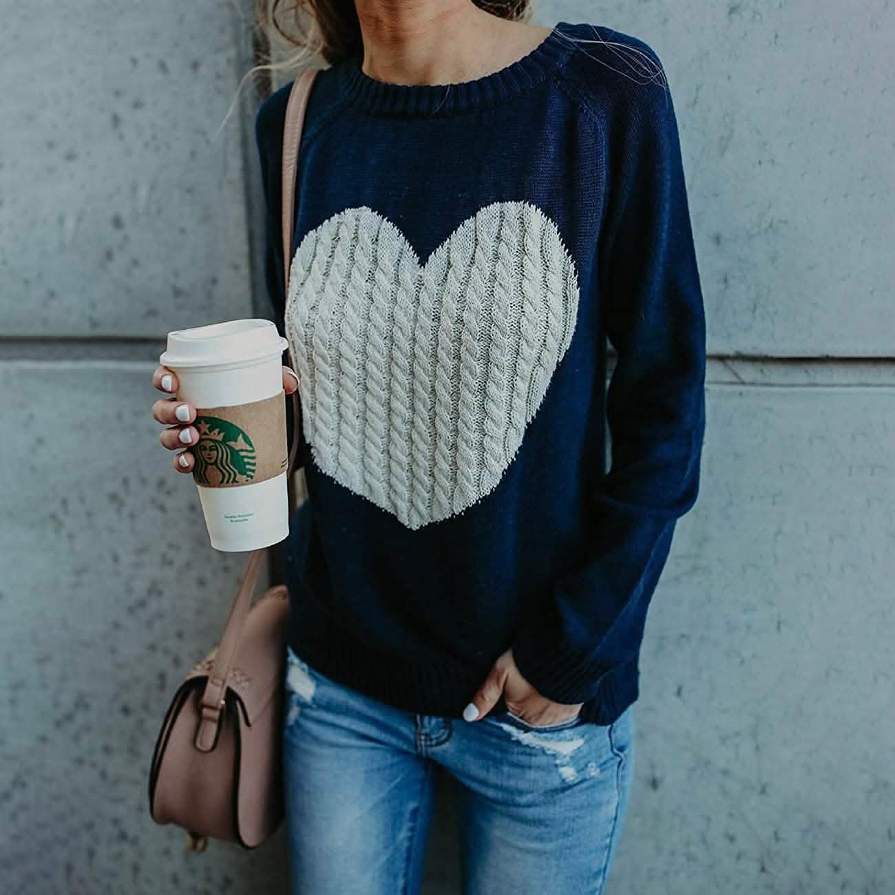 Women's Long Sleeve Crewneck Cute Heart Knitted Sweaters DailySale