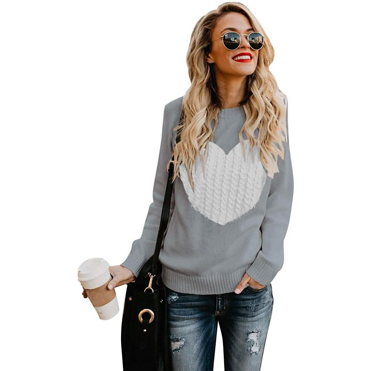 Women's Long Sleeve Crewneck Cute Heart Knitted Sweaters DailySale