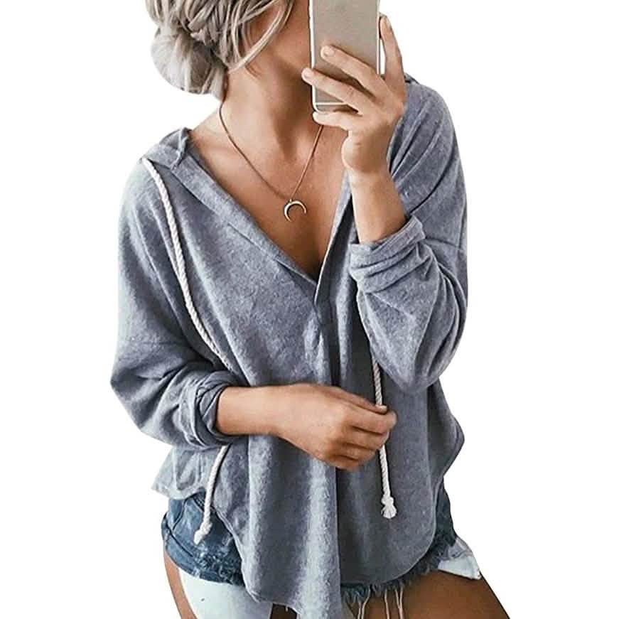 Women's Long Sleeve Deep V Neck Drawstring Sweatshirt Top DailySale