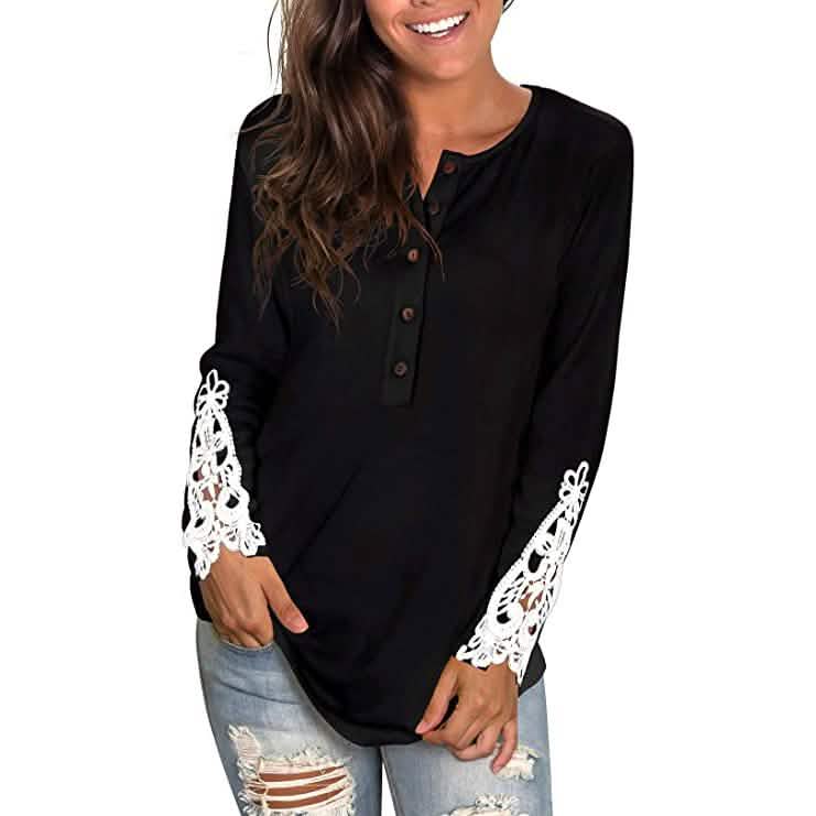 Women's Long Sleeve Solid Color Round Neck Lace Buttons Tunic Tops DailySale