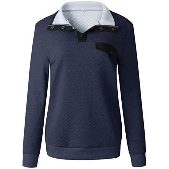 Women's Long Sleeve V Neck Button Quilted Patchwork Pullover Sweatshirt Tops DailySale