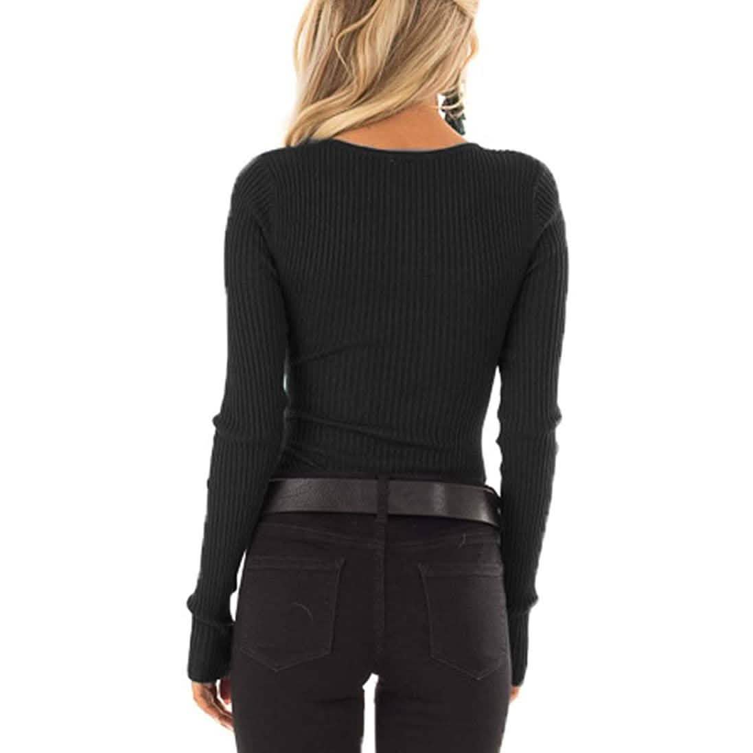 Women's Long Sleeve V Neck Ribbed Button Down Knit Sweater Fitted Top DailySale