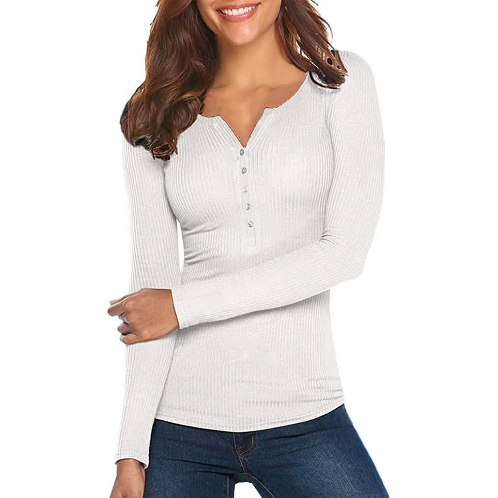 Women's Long Sleeve V Neck Ribbed Button Down Knit Sweater Fitted Top DailySale