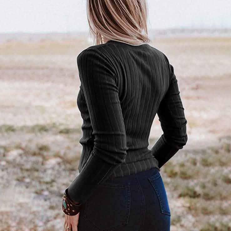 Women's Long Sleeve V Neck Ribbed Button Knit Sweater DailySale