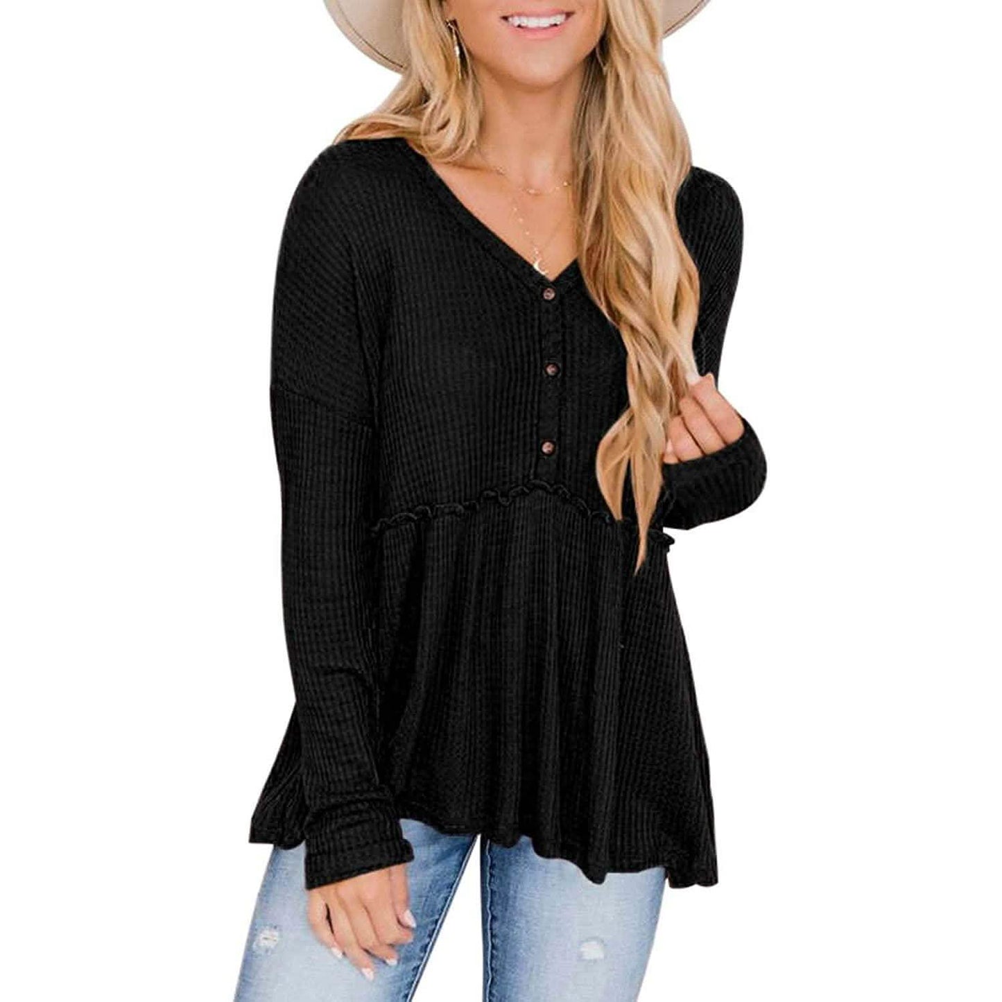 Women's Long Sleeve V Neck Ruffle Babydoll Tunic Tops DailySale