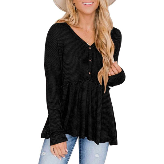 Women's Long Sleeve V Neck Ruffle Babydoll Tunic Tops DailySale