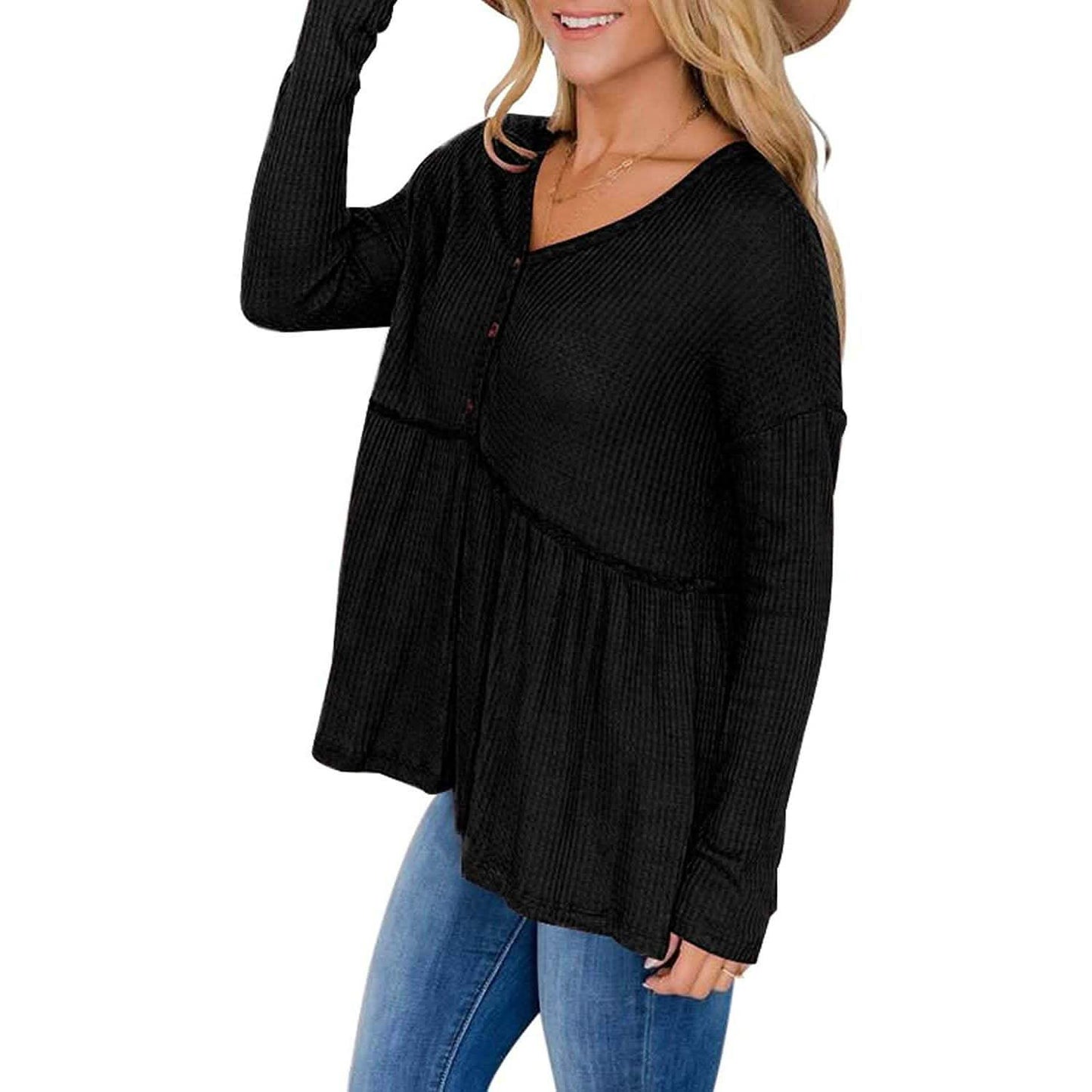 Women's Long Sleeve V Neck Ruffle Babydoll Tunic Tops DailySale