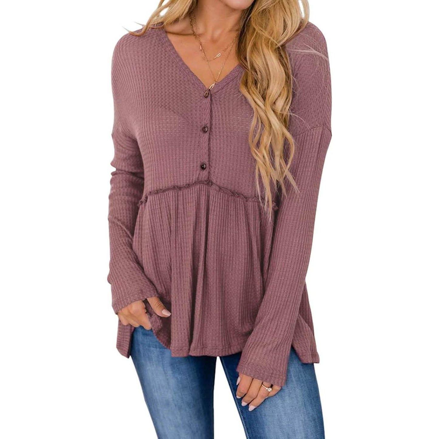 Women's Long Sleeve V Neck Ruffle Babydoll Tunic Tops DailySale
