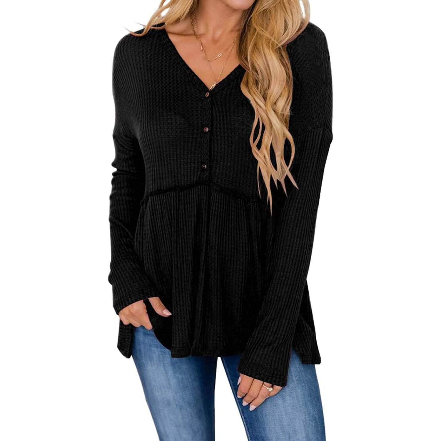 Women's Long Sleeve V Neck Ruffle Babydoll Tunic Tops DailySale