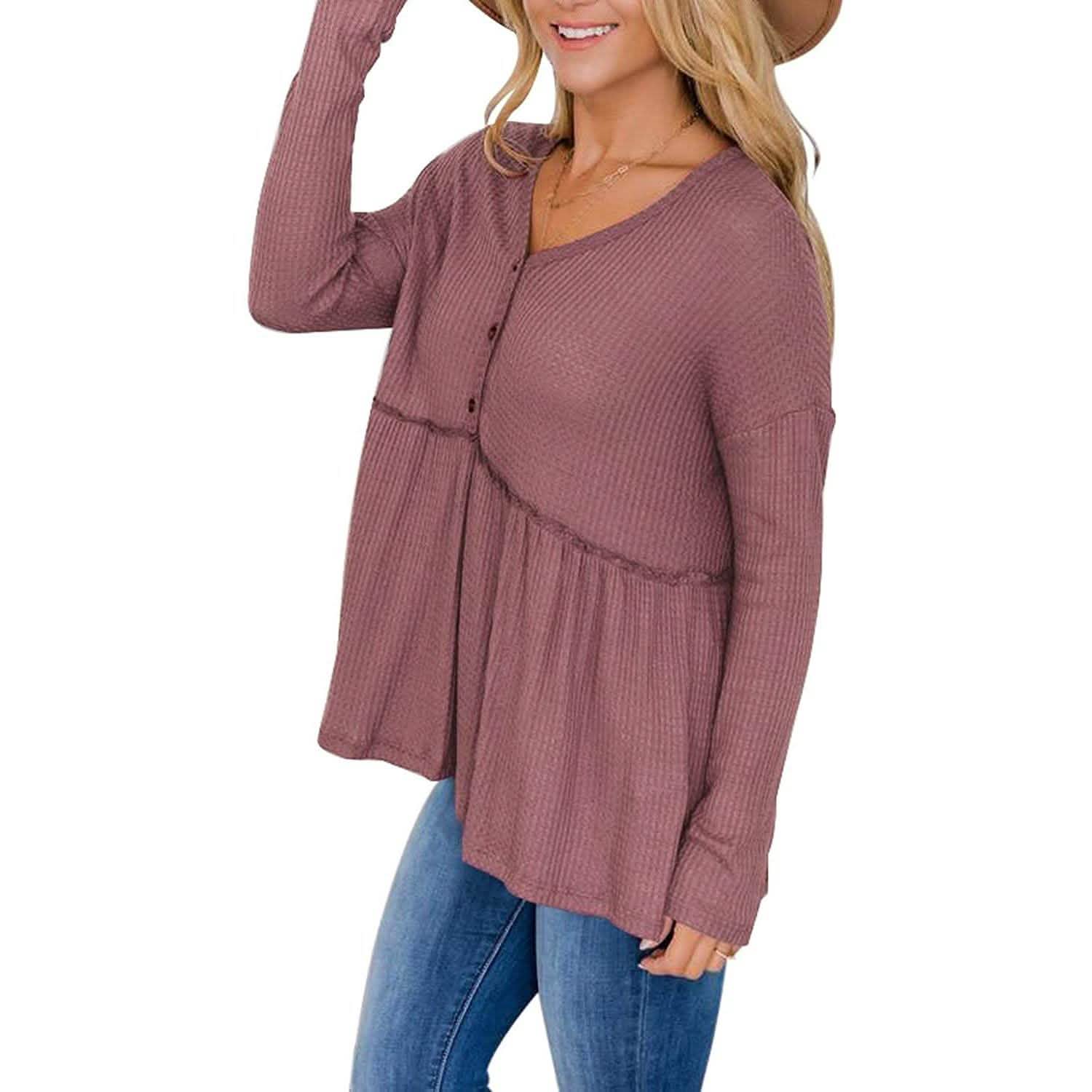 Women's Long Sleeve V Neck Ruffle Babydoll Tunic Tops DailySale