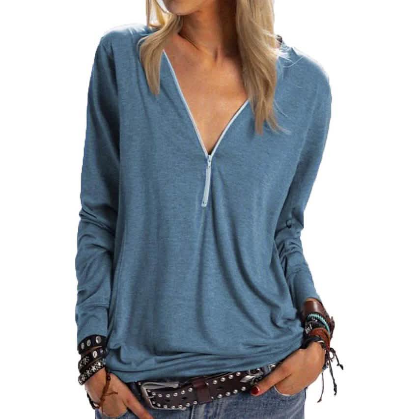 Women's Long Sleeve Zipper Quarter Zip V Neck Casual Top DailySale