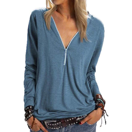 Women's Long Sleeve Zipper Quarter Zip V Neck Casual Top DailySale