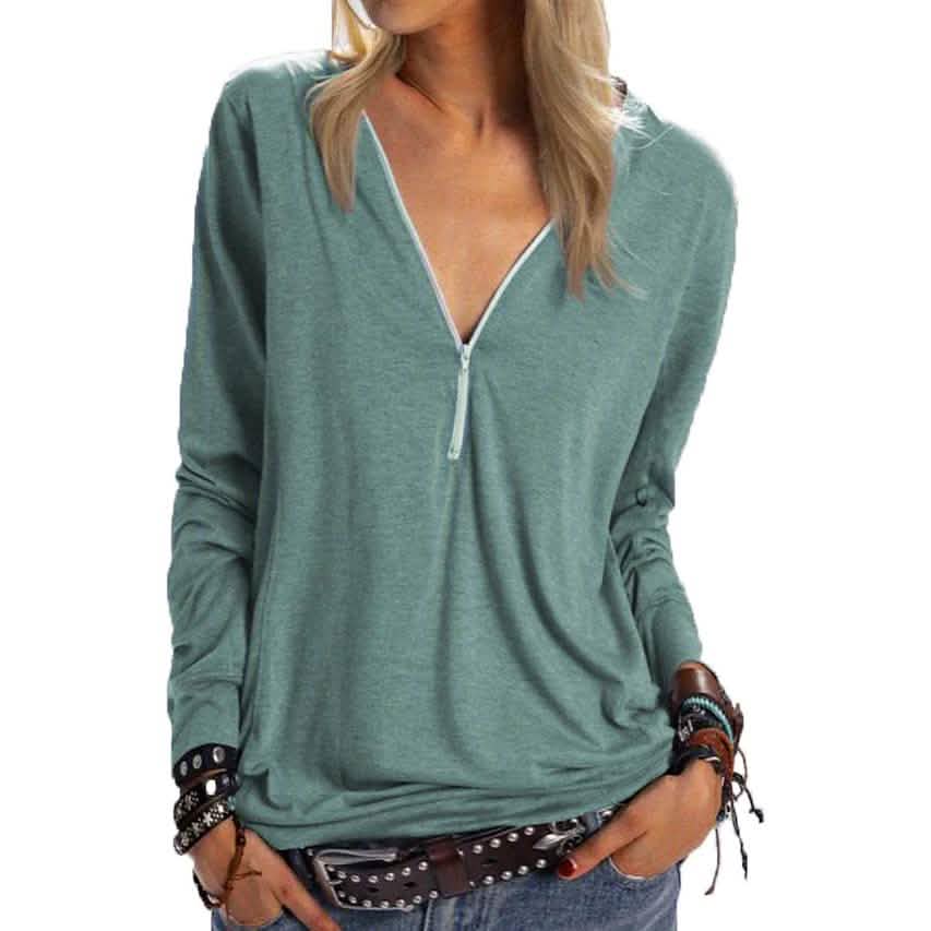 Women's Long Sleeve Zipper Quarter Zip V Neck Casual Top DailySale