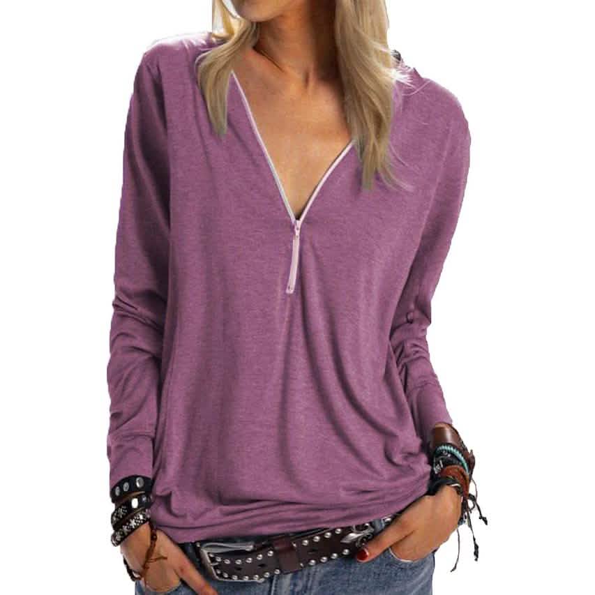 Women's Long Sleeve Zipper Quarter Zip V Neck Casual Top DailySale