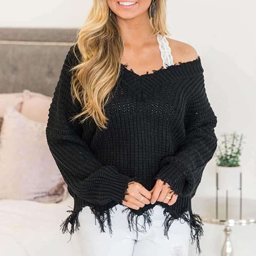 Women's Loose Knitted Sweater Long Sleeve V-Neck Ripped Pullover Sweaters Crop Top Knit Jumper DailySale