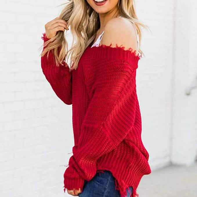 Women's Loose Knitted Sweater Long Sleeve V-Neck Ripped Pullover Sweaters Crop Top Knit Jumper DailySale