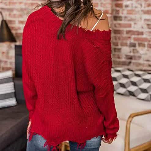 Women's Loose Knitted Sweater Long Sleeve V-Neck Ripped Pullover Sweaters Crop Top Knit Jumper DailySale
