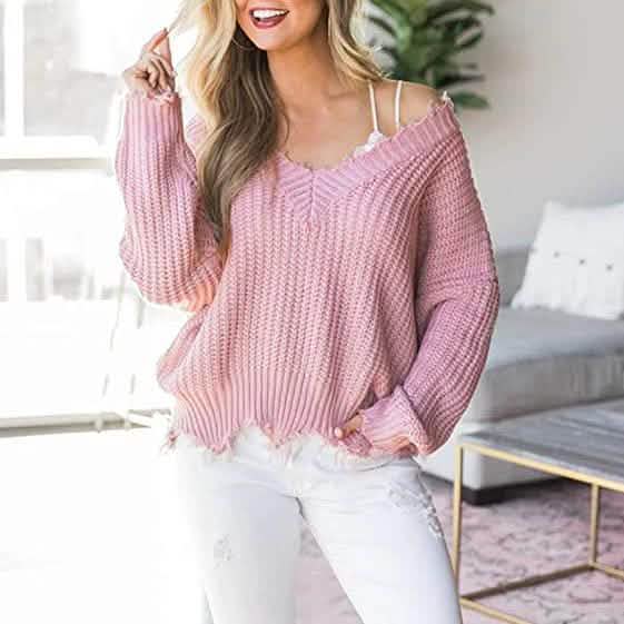 Women's Loose Knitted Sweater Long Sleeve V-Neck Ripped Pullover Sweaters Crop Top Knit Jumper DailySale