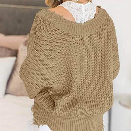 Women's Loose Knitted Sweater Long Sleeve V-Neck Ripped Pullover Sweaters Crop Top Knit Jumper DailySale