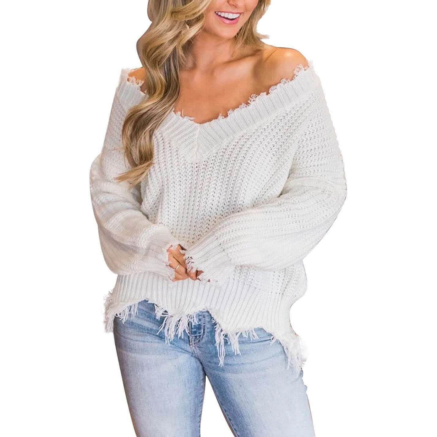 Women's Loose Knitted Sweater Long Sleeve V-Neck Ripped Pullover Sweaters Crop Top Knit Jumper DailySale