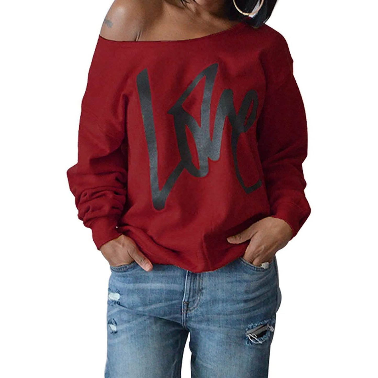 Womens Love Letter Printed Off Shoulder Pullover Sweatshirt Slouchy Tops Shirts DailySale