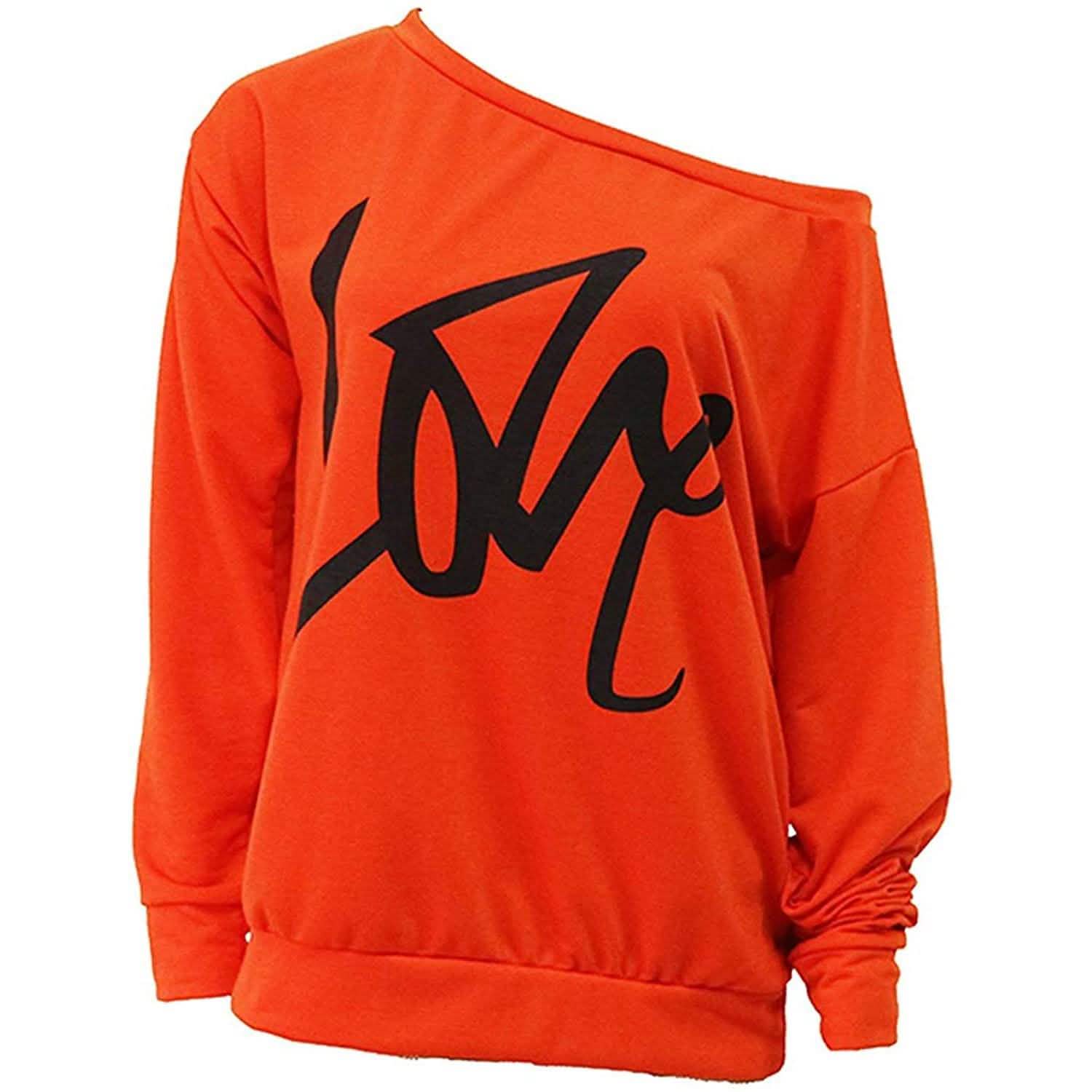 Womens Love Letter Printed Off Shoulder Pullover Sweatshirt Slouchy Tops Shirts DailySale