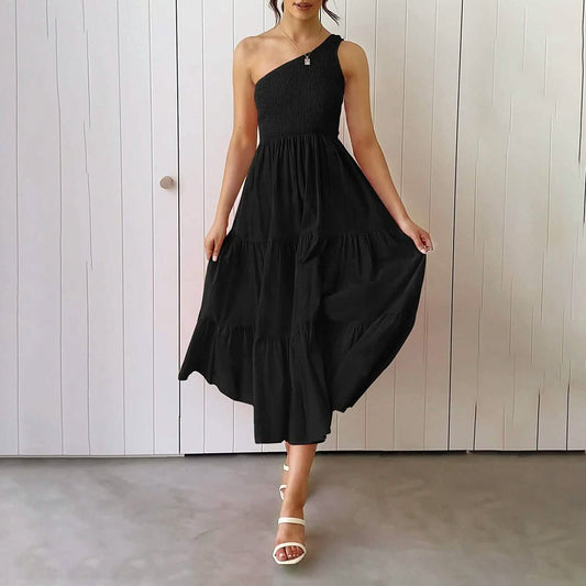Womens One Shoulder Sleeveless Smocked Ruffle Tiered Beach Long Midi Dress DailySale