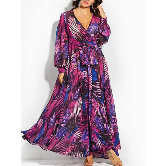 Women's Plus Size A Line Dress Floral V Neck Print Lantern Sleeve DailySale