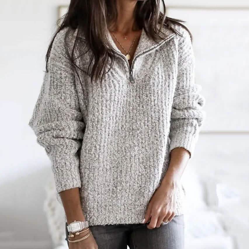 Women's Pullover Sweater Zipper Solid Color Basic Casual Long Sleeve Sweater Cardigans DailySale