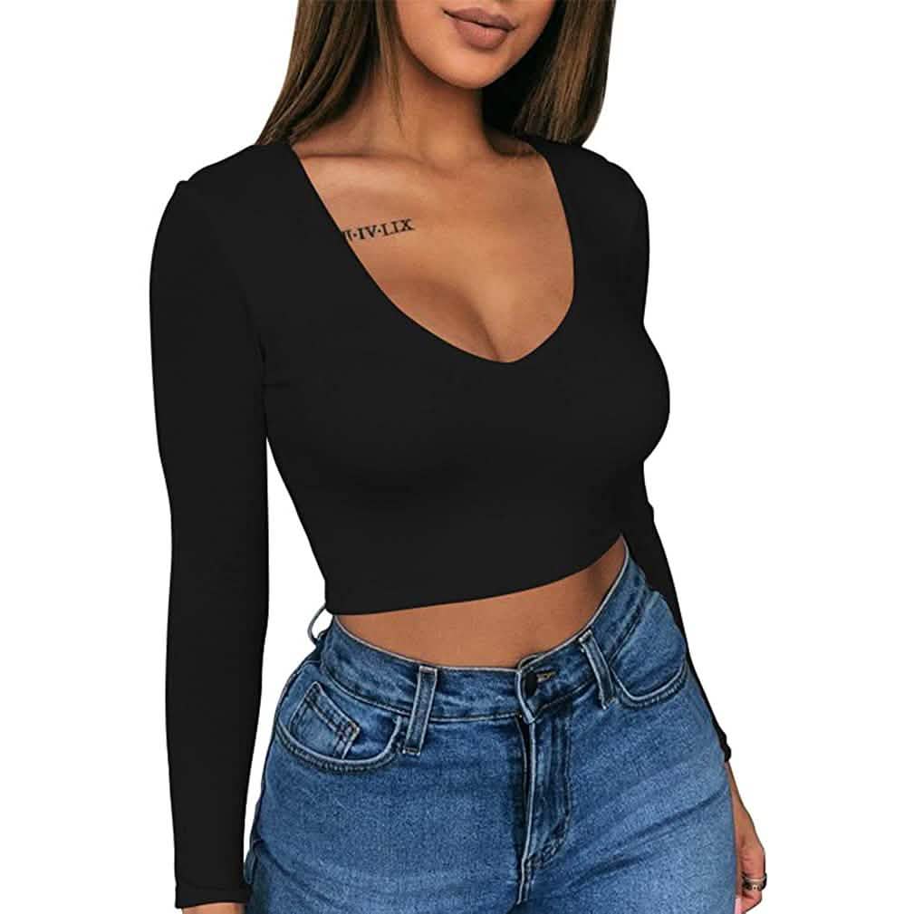 Women's Sexy Bodycon Scoop Neck Long Sleeve Slim Crop Top DailySale