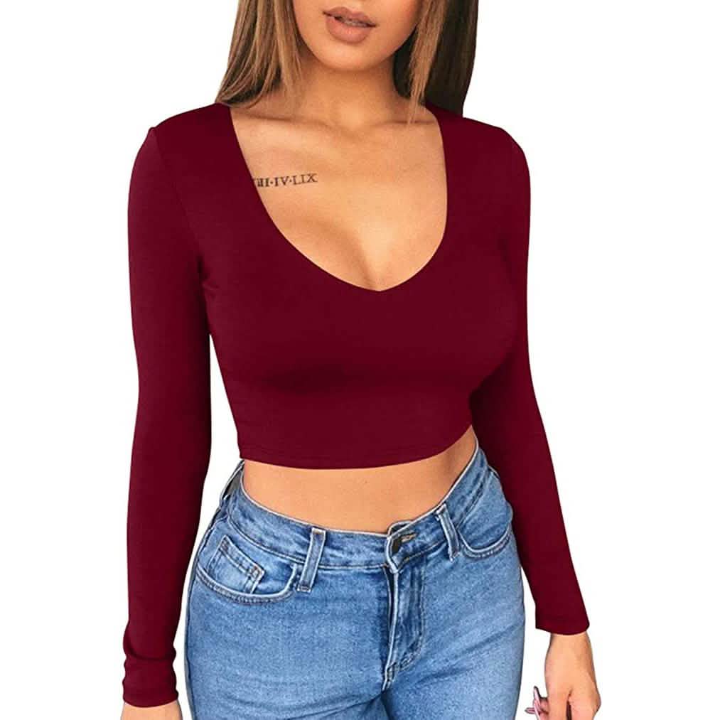 Women's Sexy Bodycon Scoop Neck Long Sleeve Slim Crop Top DailySale