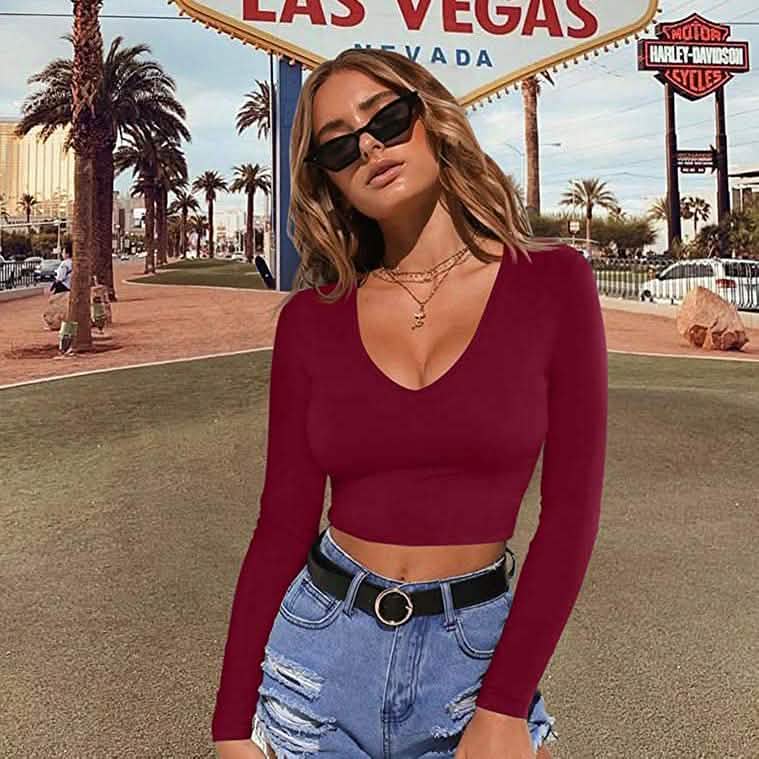 Women's Sexy Bodycon Scoop Neck Long Sleeve Slim Crop Top DailySale