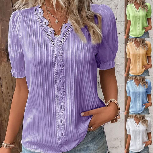 Women's Shirt Blouse Plain Lace Short Sleeve Casual Basic V Neck DailySale