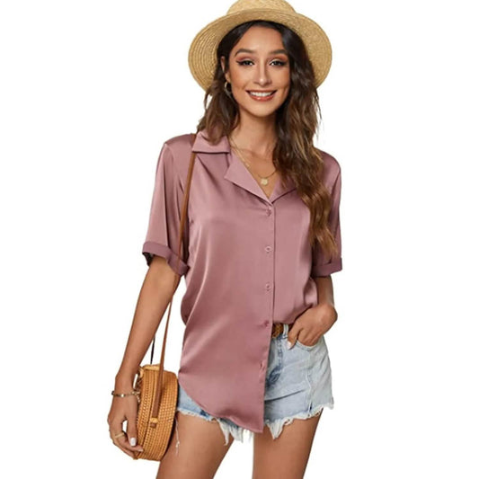 Women's Short Sleeve Casual Satin Button Down Shirt DailySale