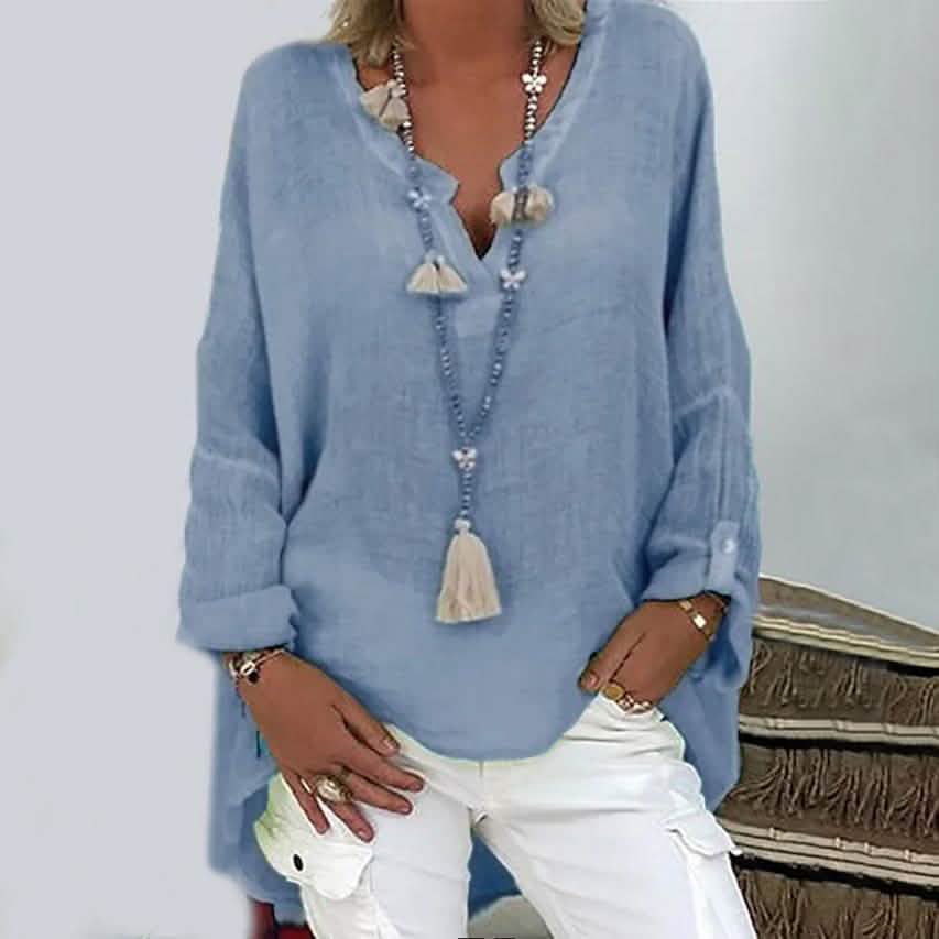 Women's Solid Colored Long Sleeve Button V Neck Basic Top DailySale