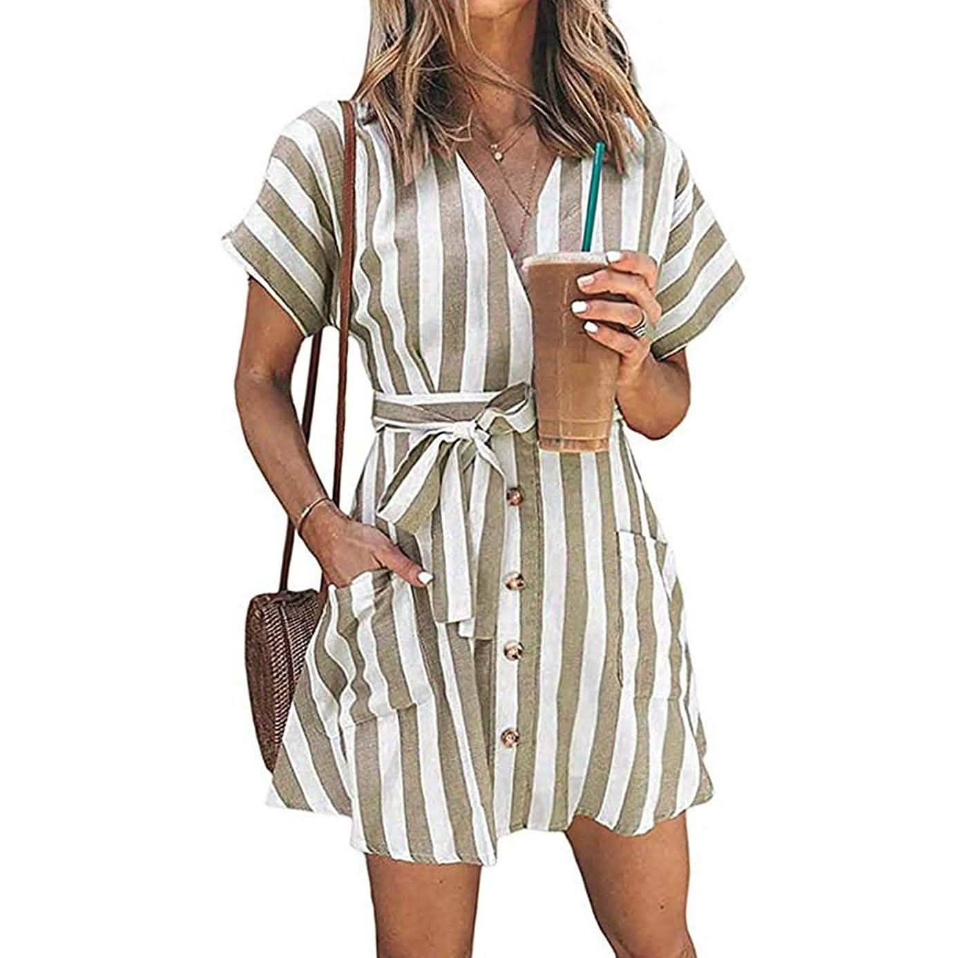 Womens Stripe Short Sleeve Wrap V Neck Button Front Tie Belted Dress DailySale