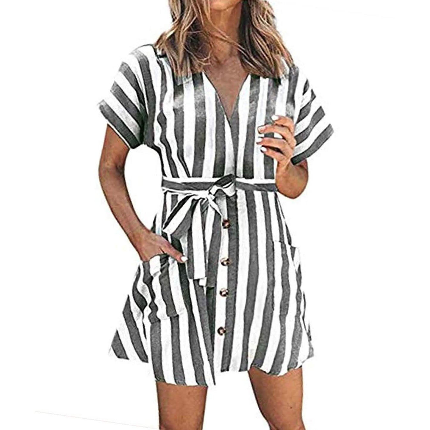 Womens Stripe Short Sleeve Wrap V Neck Button Front Tie Belted Dress DailySale