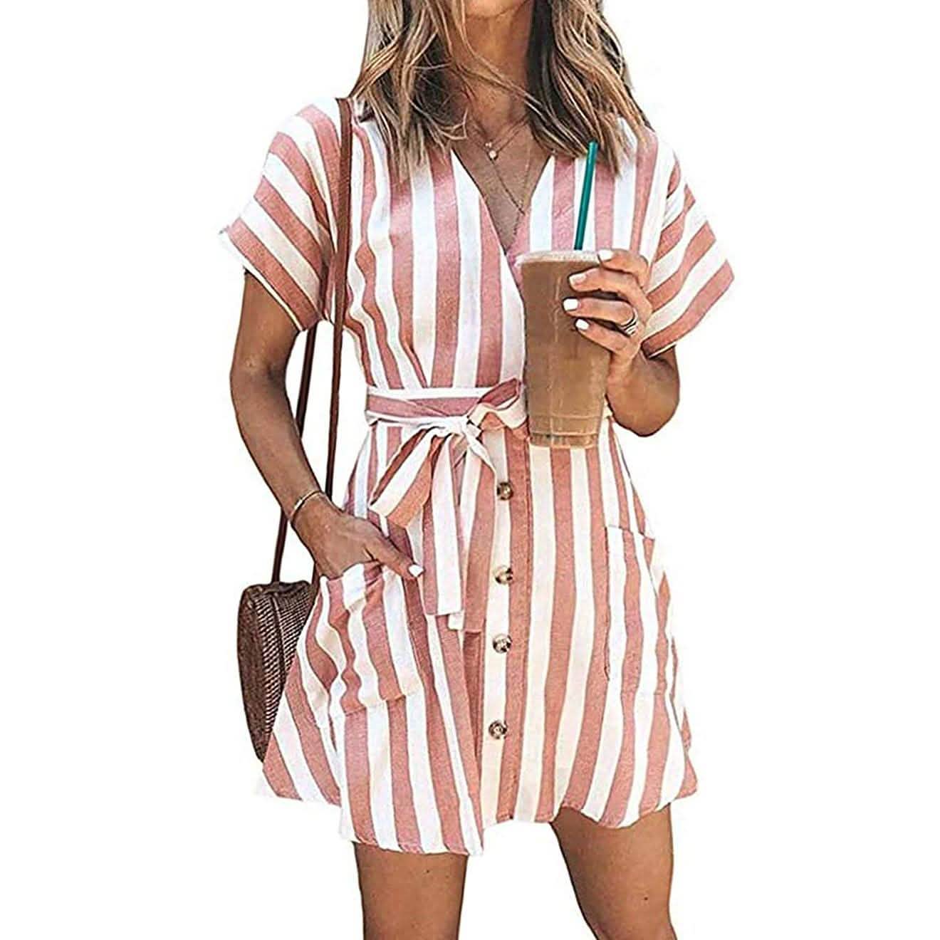 Womens Stripe Short Sleeve Wrap V Neck Button Front Tie Belted Dress DailySale