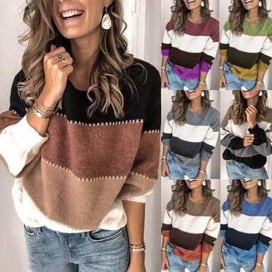Women's Striped Patchwork Streetwear Loose Knitted Pullovers Tops DailySale