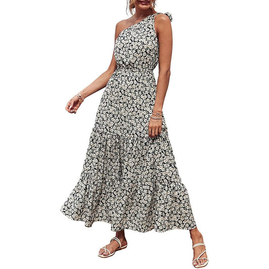Women's Summer Floral One Shoulder Ruffled Hem Maxi Dresses DailySale