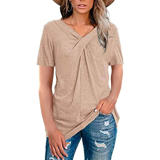 Women's Summer Shirts V Neck Short Sleeve Tops Cross Knot DailySale
