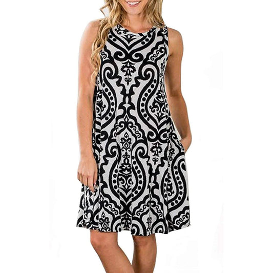 Women's Summer Sleeveless Damask Print Pocket Loose T-Shirt Cover Up Dress DailySale