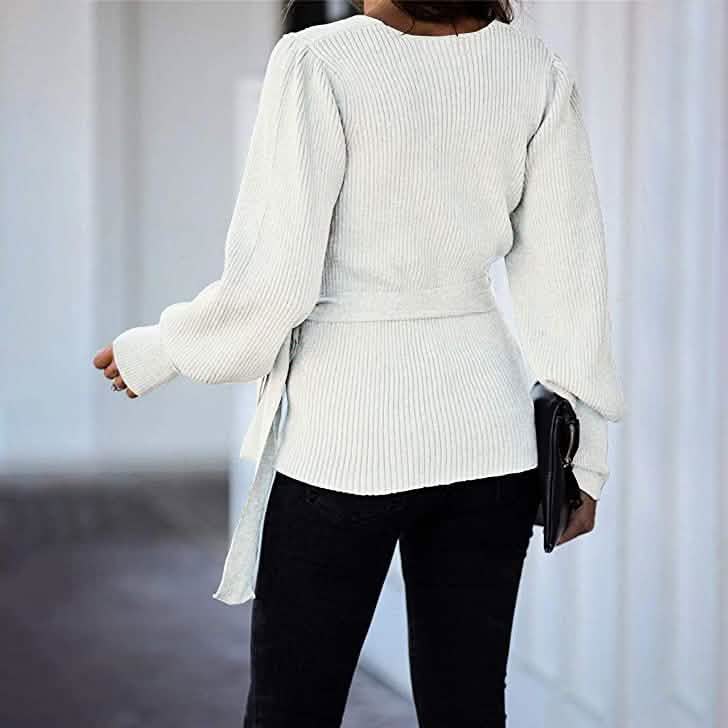 Women’s V Neck Balloon Sleeve Ribbed Wrap Chunky Knit Tunic Top DailySale