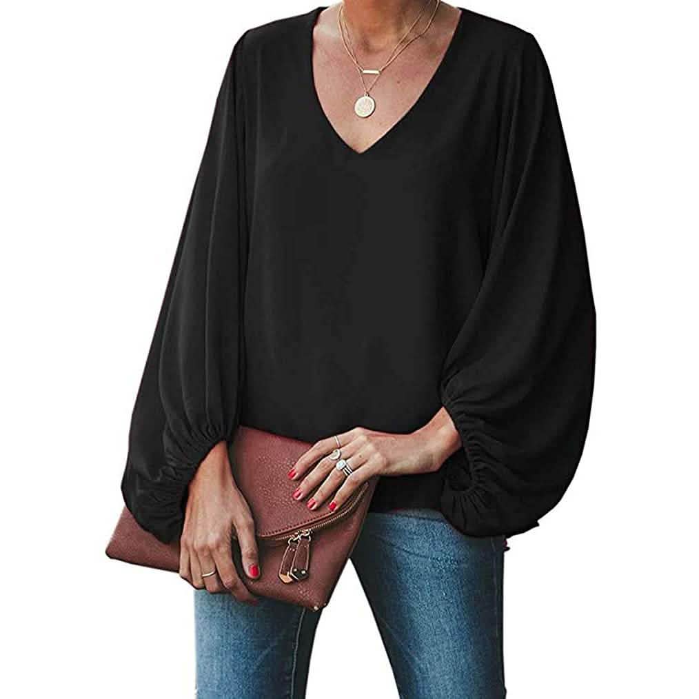 Womens V Neck Chiffon Blouses Casual Balloon Sleeve Floral Print Shirts Tops DailySale