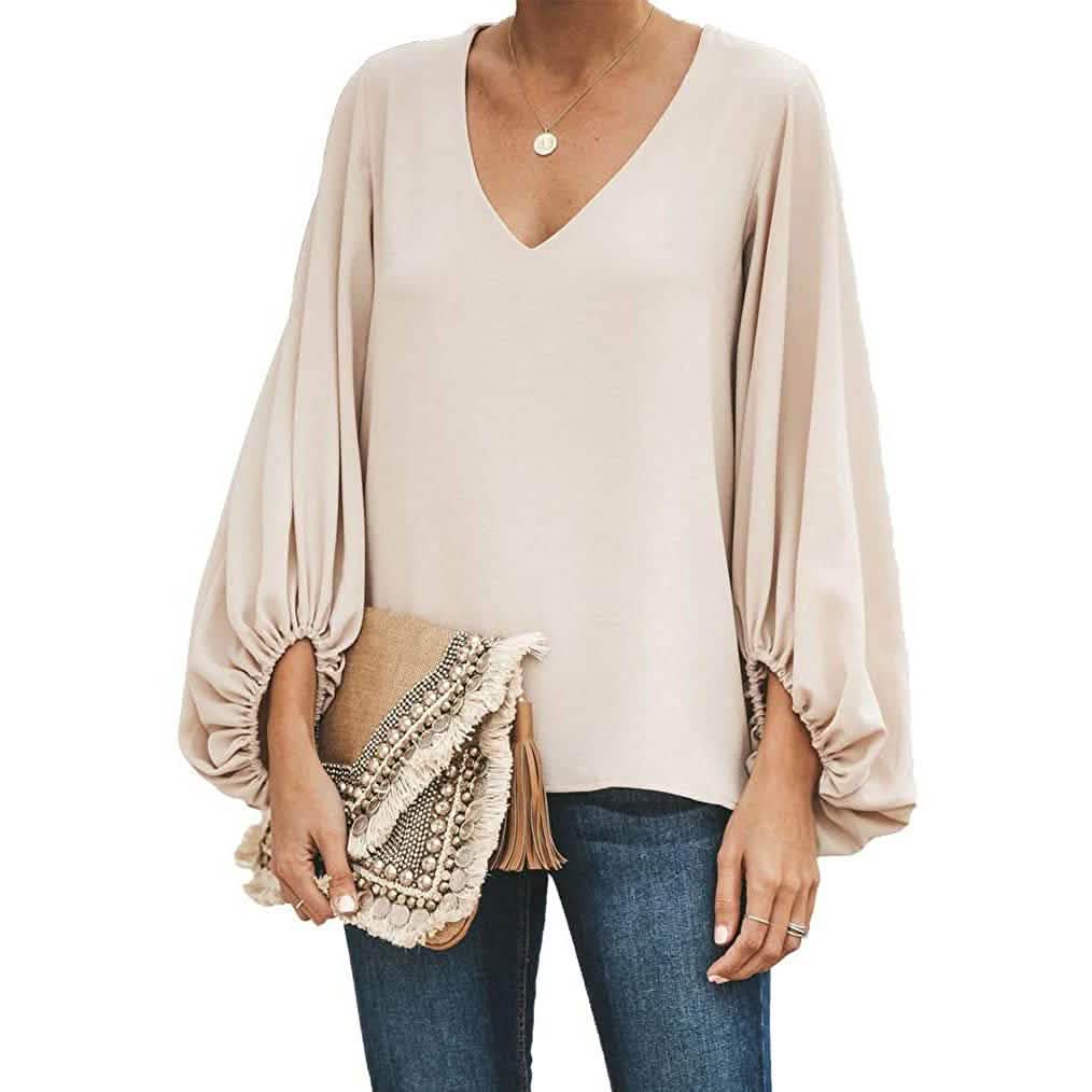 Womens V Neck Chiffon Blouses Casual Balloon Sleeve Floral Print Shirts Tops DailySale