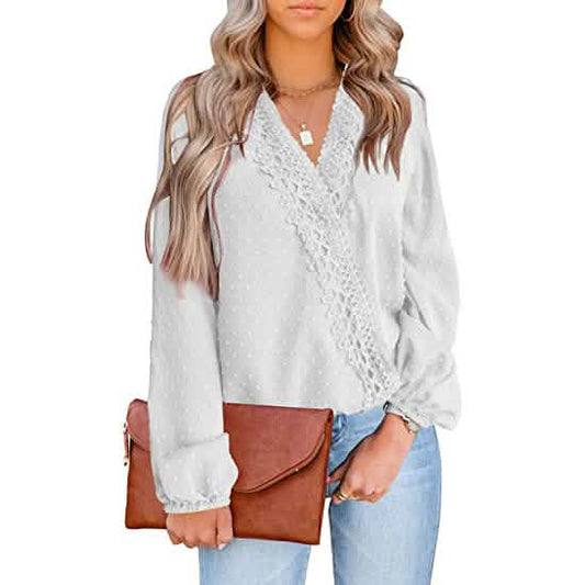 Women's V Neck Chiffon Lace Pom Pom Long Sleeve Top DailySale