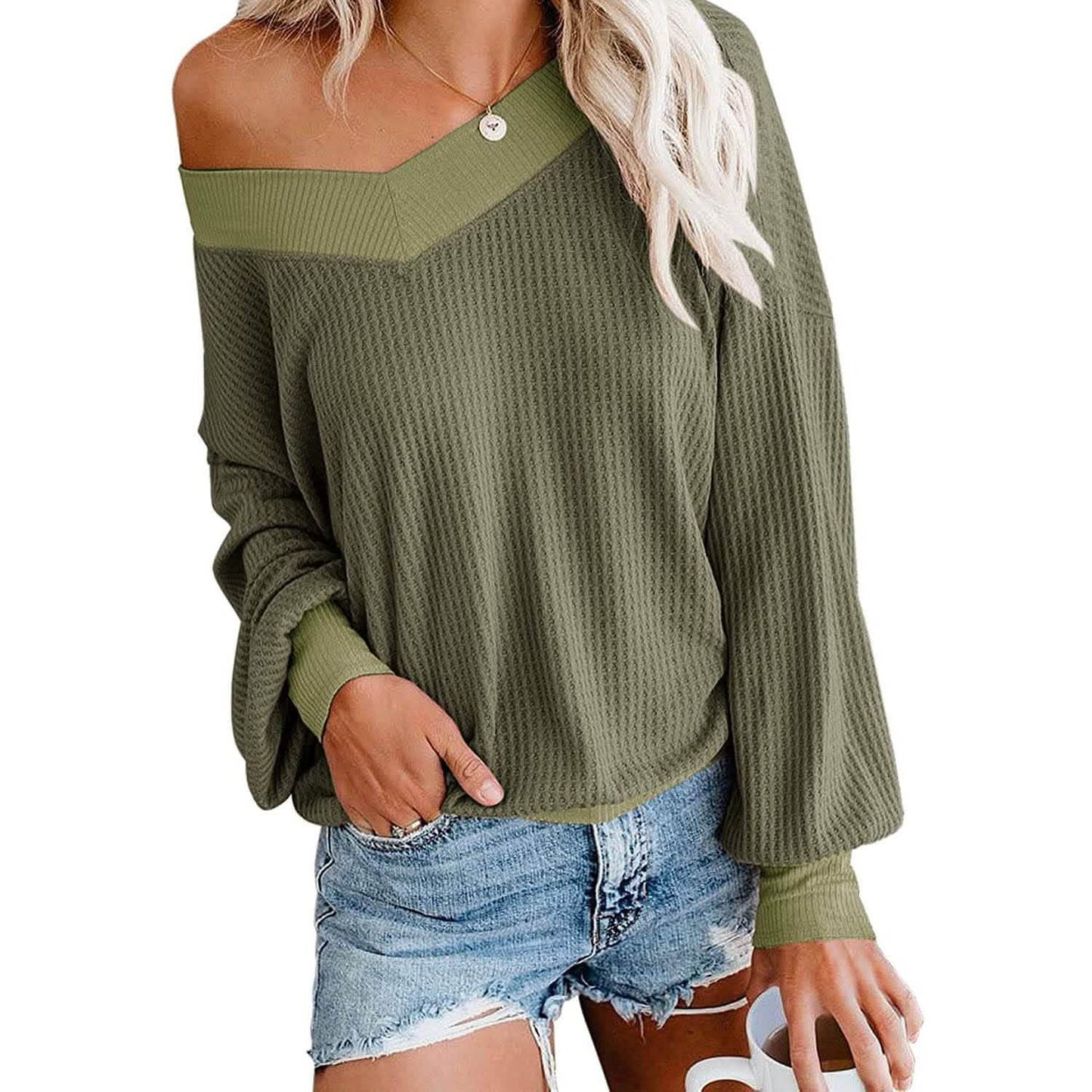 Women's V Neck Long Sleeve Waffle Knit Top Off Shoulder Oversized Pullover Sweater DailySale