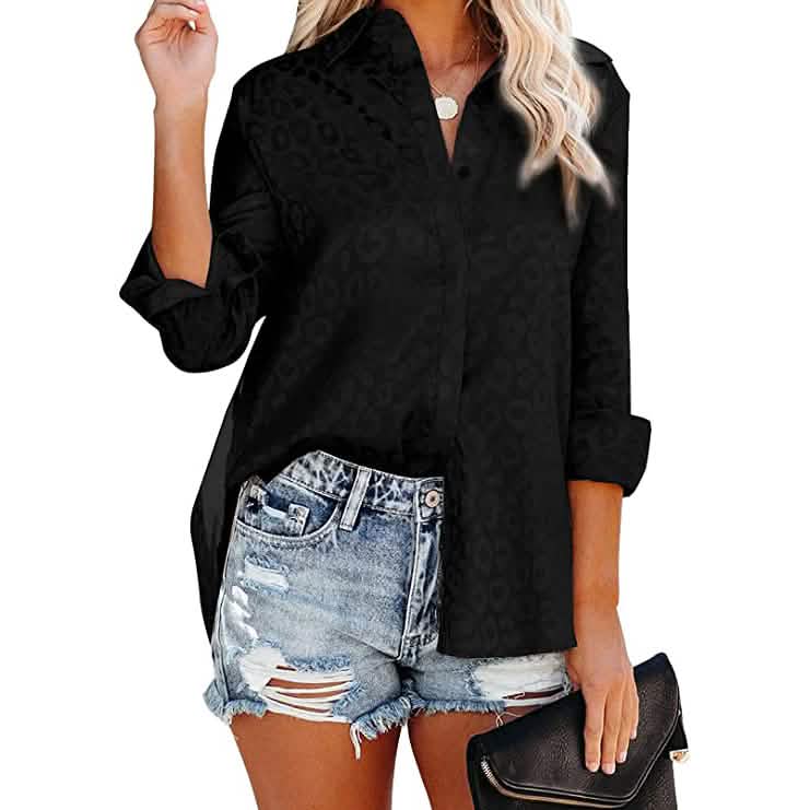 Women's V Neck Satin Embossed Roll Up Cuff Button Shirt Top DailySale